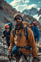 A group of men are seen hiking up a rugged mountain trail, following their adventurous mountain guide. The men are equipped with backpacks and hiking gear as they navigate the steep terrain