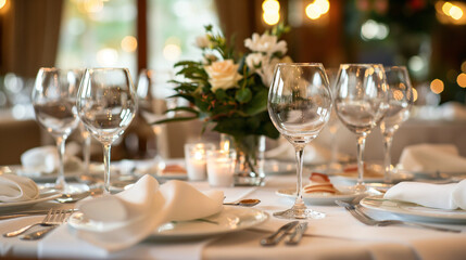 Gourmet dinner setting in a fancy restaurant.