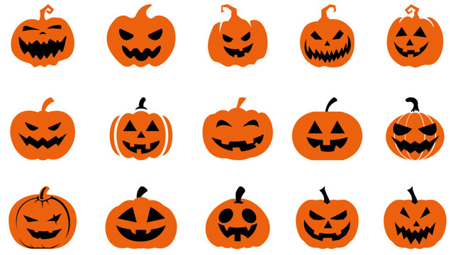 set of halloween pumpkins halloween pumpkin icons Icon illustration of a set of halloween pumpkin silhouettes of plants orange vector illustration