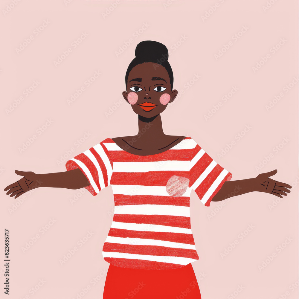 Wall mural Dark-skinned girl in a striped T-shirt on a pink background
