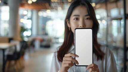 Business woman holding smartphone in front of her with blank white screen, mock-up. Blurred office background