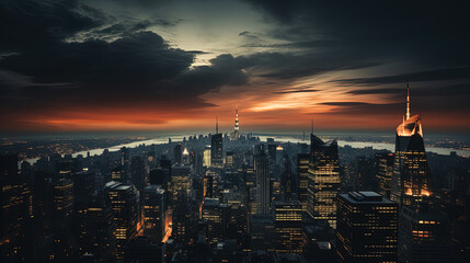 Fototapeta premium Aerial View Of Beautiful City During Night Time Cityscape Background