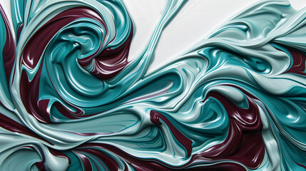Obraz premium Teal and burgundy oil paint intricately swirled on a white canvas, reflecting a sophisticated, classic abstract motif.