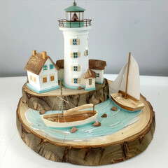 Model of a house with a lighthouse on the coast
