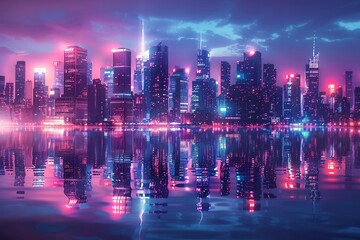 Obraz premium A breathtaking digital artwork depicting a bustling urban landscape at night. Skyscrapers pierce the dark sky, their facades illuminated by a dazzling display of neon lights reflected on the water