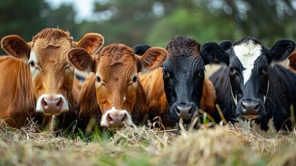 A group of cows with different coat patterns looking curiously at the camera in a field, showcasing farm life