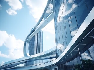 Naklejka premium Futuristic Curved Glass Skyscraper Facade with Dramatic Skyline in Modern Urban City Landscape