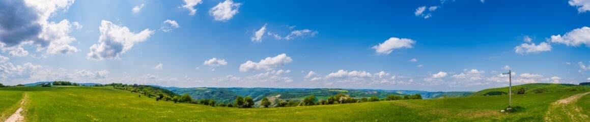 Panorama of a high plateau in the Rheingau Mountains on a sunny spring day