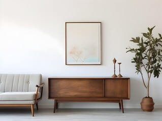 Retro Wooden Cabinet and Painting in Minimalist Living Room