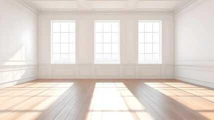 Obraz premium Serene Sunlit Empty Room with Classic Interior Design and Laminate Wood Flooring