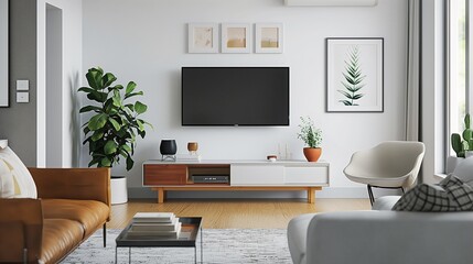 Obraz premium A living room with a flat-screen TV mounted on the wall.