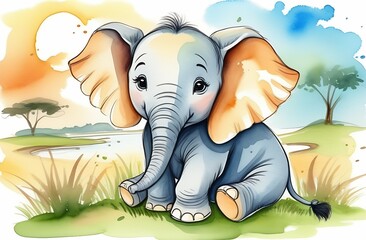Cartoon character illustration, cute smiling, little elephant sitting in the grass against a wild nature background, the sun is shining over the savannah, watercolor color style, Animal Protection Day
