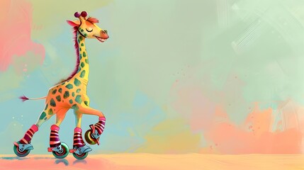 Fototapeta premium Whimsical Giraffe Skating Through a Colorful Imaginative Landscape