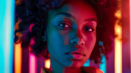 Obraz premium Portrait of a young person under neon lights, with bold colors creating a striking contrast --ar 16:9 --style raw Job ID: 2af09c31-6cdb-4574-ae32-4cb3fc1163d6