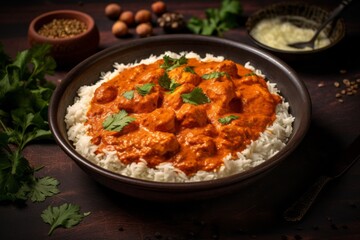 Tempting chicken tikka masala on a ceramic tile against a painted brick background