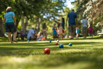 Families enjoying a game of bocce ball at a summer picnic