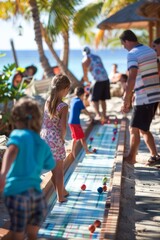 Fototapeta premium Families enjoying a game of shuffleboard at a beachside resort