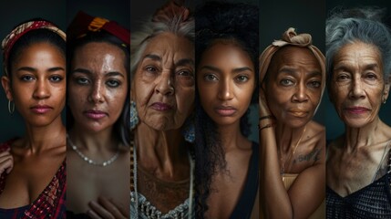 Fototapeta premium Portrait series featuring individuals of different ethnicities, ages, and body types, celebrating diversity and natural beauty --ar 16:9 --style raw Job ID: c8f26e84-17f7-4443-9b6e-e96497eec887