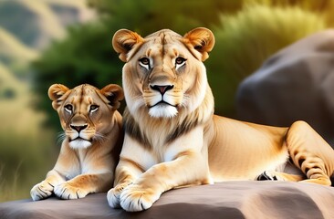 Colorful cartoon character illustration, cute proud lion and lioness lying together on a rock in the savannah on a grass background, concept of love, family, greeting card, animal protection day
