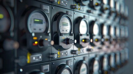 A Row Of Electrical Meters Mounted On A Wall. 
