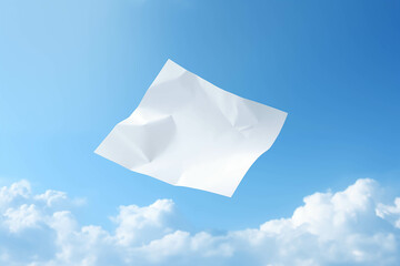 Crisp white paper floating amidst a vibrant blue sky and fluffy white clouds, symbolizing freedom, creativity, and simplicity.