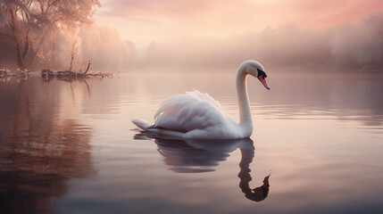Obraz premium Serene swan glides on calm lake during a misty sunrise, surrounded by a tranquil natural landscape reflecting in the water.