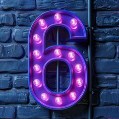 Number 6 neon sign number six on a dark background