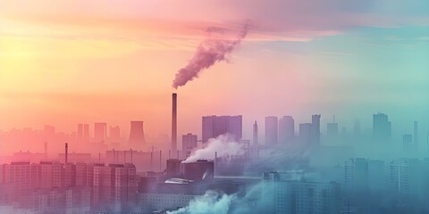 Traditional power plant producing steam and smog in industrial landscape. Concept Industrial Landscape, Power Plant Emissions, Pollution, Steam Generation, Environmental Impact