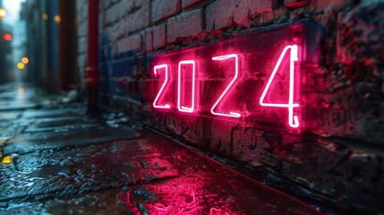 Number 2024 neon sign on a dark background. Symbol of the new year