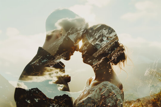 A double exposure of a bride and groom and mountains in the background wedding photo.
