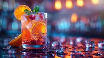 Delicious looking fruit cocktail with vibrant colors and refreshing droplets on a reflective wet...