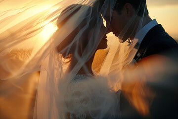 A close up of a bride and groom under a veil while their heads together and a sunset in the background. Wedding photo. - Powered by Adobe