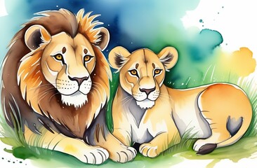 Colorful cartoon character illustration, cute lion and lioness lying in the grass in the savannah, watercolor style, concept of love, family, greeting card, animal protection day