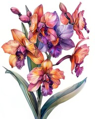 Exotic set of orchid drawings, each flower rendered in a striking watercolor style, isolated on a white background, ready to be used as vibrant clipart in any luxury design