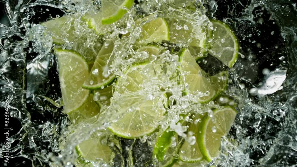 Poster super slow motion of falling lime slices into water, black background. filmed on high speed cinema c