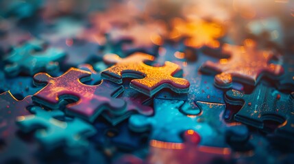 Close-up of colorful jigsaw puzzle pieces on a table with dramatic lighting, symbolizing problem-solving, creativity, and teamwork.