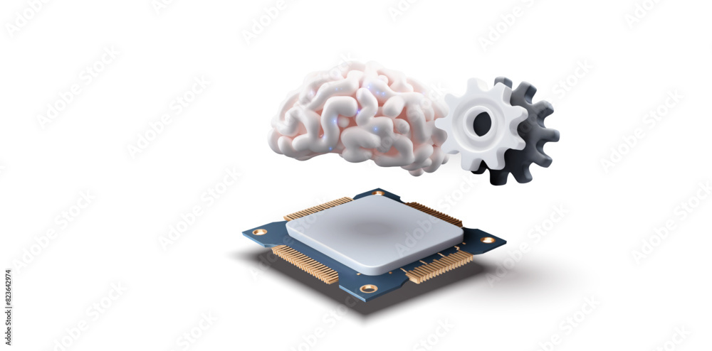 Poster 3d illustration of a computer processor with a brain and a gear hovering above it, symbolizing artif