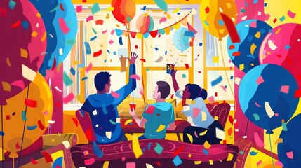 A cheerful illustration depicting a samesex couple and their teenager decorating the house for a family celebration, streamers and balloons everywhere