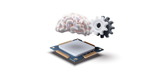 3D illustration of a computer processor with a brain and a gear hovering above it, symbolizing artificial intelligence and machine learning. Perfect for tech and innovation-related content. Vector
