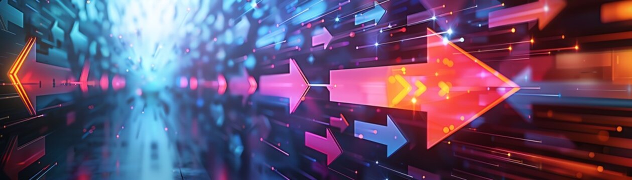 Colorful digital arrows moving forward on a futuristic abstract background, symbolizing speed, progress, and technology innovation.