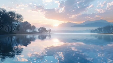 A tranquil lake at sunrise.