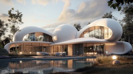 A minimalist white dome-shaped building set in a green environment. - Powered by Adobe
