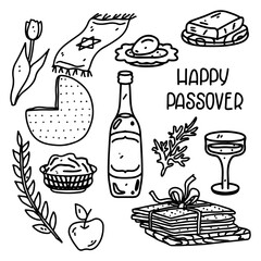 Great Holiday - Happy Passover elements in hand drawn doodle style. Jewish Holiday set isolated on white background.