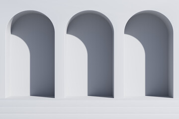 Minimal abstract scene with  stairway and arches. 3d background.