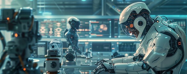 Fototapeta premium Illustrate a detailed scene of engineers working on futuristic robotics and AI, highlighting advanced technology and innovation, dynamic, blend mode, hightech lab backdrop