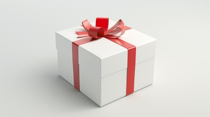 A White Gift Box With A Red Bow Against A White Background.