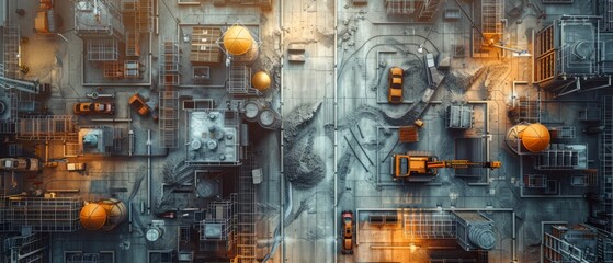 Concrete pouring with virtual blueprints, top view, modern techniques, 3D render, Analogous colors, High detail