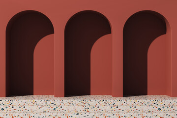 Minimal abstract scene with  stairway and arches. 3d background.