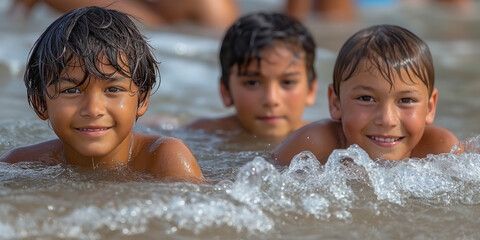 happy little girl playing in blue sea and swimming, summer holiday and vacations concept,