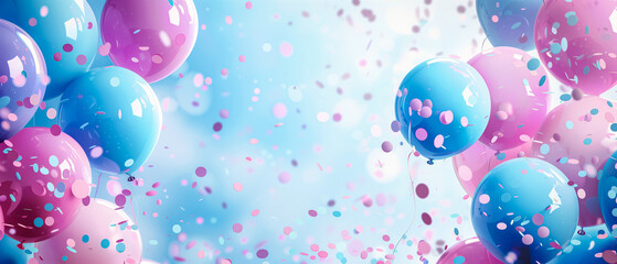 Balloons and confetti in air against blue sky, banner